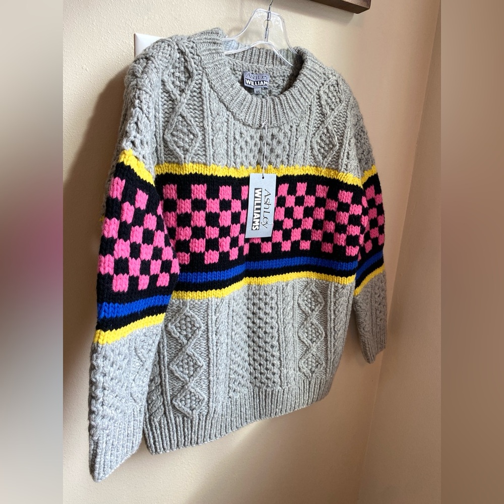 NWT XS ASHLEY WILLIAMS CHECKERBOARD Chunky Knit Sweater Jumper Gray Black Cable - Picture 4 of 16